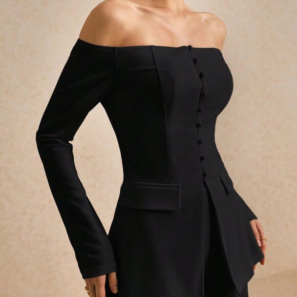 Black Elegant Women's Off Shoulder Single-Breasted Blazer Jacket & Pants Suit - Picture 6 of 7